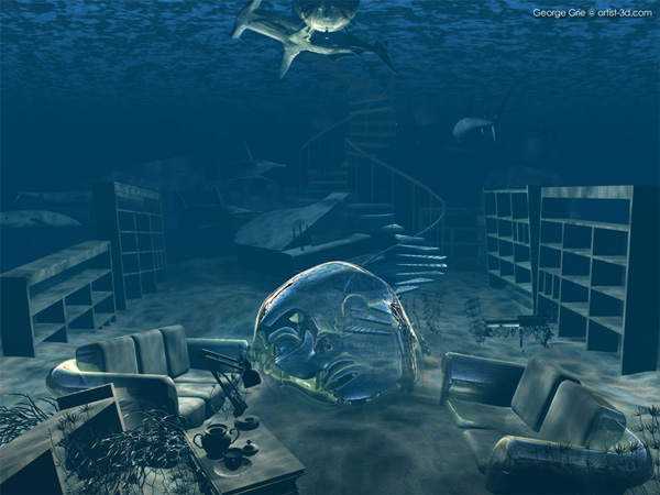 Sweet Hideout of Denial - 3D Art Fantasy Surrealism Poster Limited Edition Prints by George Grie. Keywords, Underwater landscape water, gloom room interior bookshelves, darkness dimness piano sharks glass face, dark mood atmosphere, state of denial, tease and denial, in denial of death