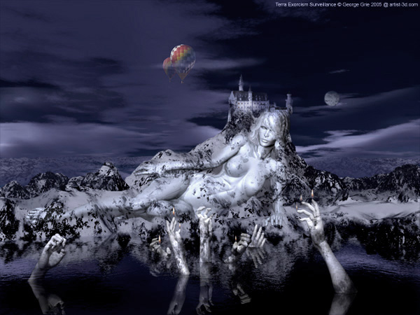 Terra Exorcism Surveillance - 3D Art Fantasy Modern Surrealism Pictures Limited Edition Prints by George Grie. Keywords, Exorcism practice evicting demons, evil spiritual entities person place possessed, ancient belief system religions spirits prehistoric, beliefs, snow landcape, woman figure hands water magic supernatural