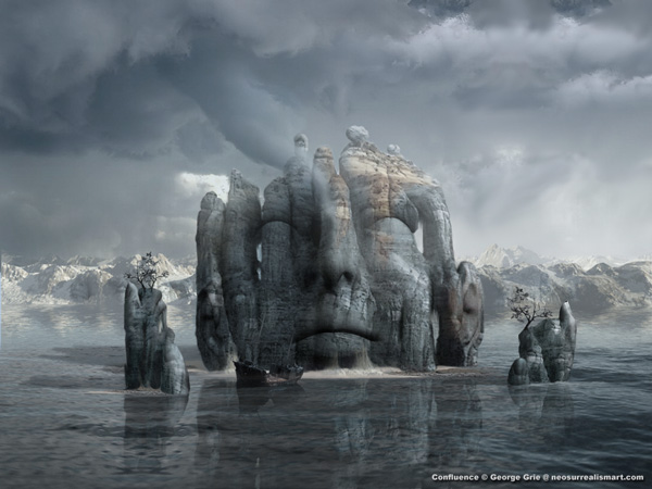 Confluence - 3D Art Fantasy Surrealism Pictures Limited Edition Prints by George Grie. Keywords, Pacific, scenic, nobody, trees, daylight, day, outdoors, waterscape, South Pacific, island, daytime, horizon, nature, ocean, waves, delusional misapprehension dreamy fantastical illusion, scenery, outside, destination,sea, ship, water,  grey, green, totem, blue, reflection, face,  pole,
