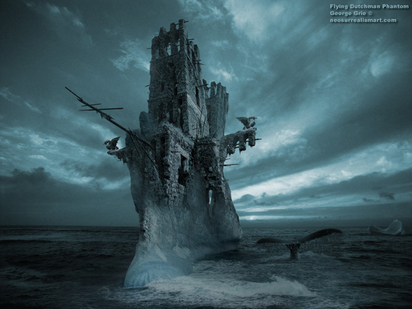 Flying Dutchman Phantom - 3D Art Fantasy Modern Surrealism Pictures Limited Edition Prints by George Grie. Keywords, phantom, spectre, ghost, apparition, frigid, water, view, horizon, cold, iceberg, climate, nature, chunk, ocean, waves, blue, floating, sea, ice, Antarctica, religion, ruins, mystic spiritualist mystical spiritual magic supernatural, old, tower, church, cultural, low angle view, daylight, archaeology, North America, daytime, ancient, architecture, culture.