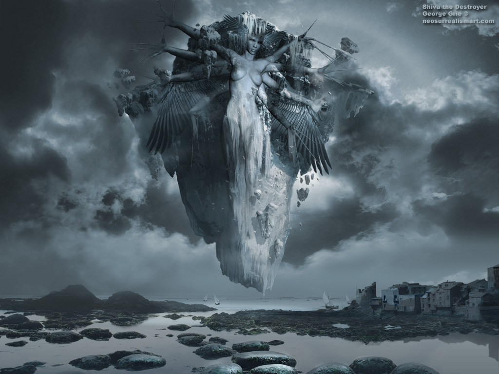 Shiva the Destroyer 3D wallpaper. Kewords, scenic, destroyer, background, clouds, ominous, storm clouds, rainclouds, silhouettes, storm front, sundown, nude, body, female, dark, harbor, Hindu