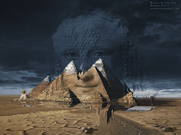 Mona Lisa idee fixe or the Da Vinci Code mania - 3D Art Fantasy Modern Surrealism Pictures Limited Edition Prints by George Grie. Keywords, remains, Sphinx, ancient, Egypt, sculpture, La Joconde, pyramids, ruins, historical, historic, Giza, desert, architecture, contemporary, landmark, well-known famous, unique, modern