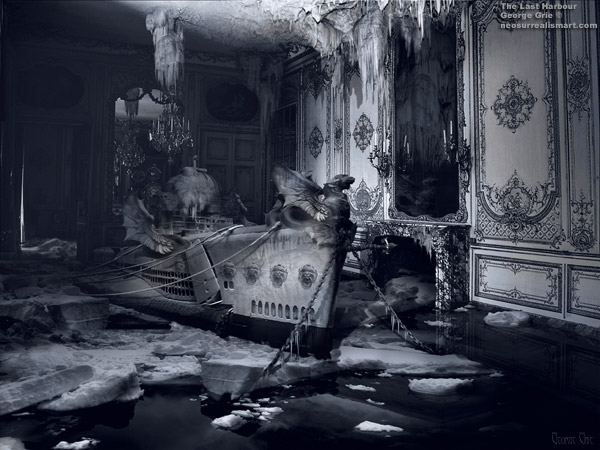 Last Harbor or In Search of Castaway Nautilus - Digital 3D Art Modern Surrealism Pictures Limited Edition Prints by George Grie. Keywords, secret hideout harbor seaport dock, ancient submarine ship vessel, gargoyle renaissance classic fancy, ice water icicles stalactites cave, interior fireplace mysterious mystifying island surreal dark blue