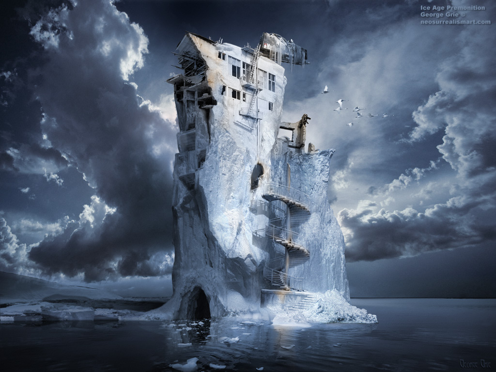 Ice Age Premonition or Infinite Iceberg Synthesizer 3D wallpaper. Keywords, ocean, ice, cold, floating, water, nature, overpass, billboard staircase, snow, winter, bridge, spiral forewarning intuition sign feeling blue, sea, chunks, iceberg, staircases,  fire escape, ladders, building,  stairs, escape, windows, architecture, damaged, breakdown, debris, ruins, destruction, destroyed, urban, decay, frigid