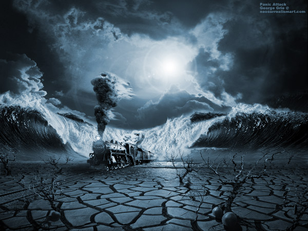  Panic Attack or Anxiety PTSD - 3D Art Modern Surrealism Pictures Limited Edition Prints by George Grie. Surreal Wave visionary modern surrealism ocean pour out water desert train, neo-surrealism sea stream wasteland locomotive,  wilderness steam engine, neo surrealist aquatic watercourse badlands engine, magical the supernatural artist.