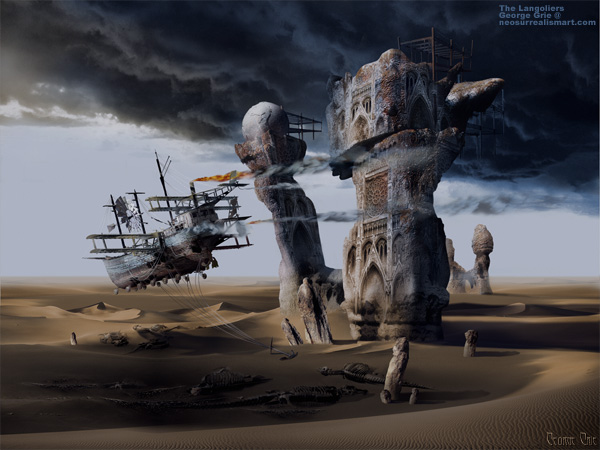 The Langoliers or Inevitable Entropy - 3D Art Fantasy Modern Surrealism Pictures Limited Edition Prints by George Grie. Desert wasteland Surreal neo-surrealism wilderness waste sands, Landscape scenery countryside Fantasy vision fantastical land scene backdrop, Skies, sky the blue the heavens atmosphere, dream visualization, visionary modern surrealism