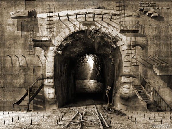  The way out or Suicidal ideation - 3D Art Fantasy Modern Surrealism Pictures Limited Edition Prints by George Grie. Dark mystical Wall face railway Surrealistic phantasmagoric metaphorical railroad tunnel, Suicidal thoughts, forest light stairs steps ladders philosophical mania suicidal tendencies, Parasuicide Suicide and mental illness, dangerous Mental disorder.