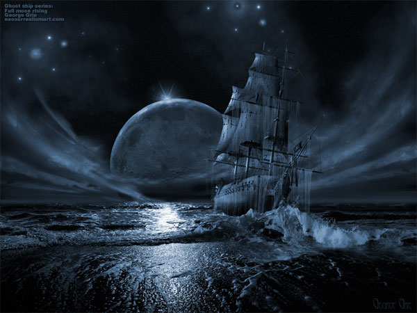  Ghost ship series: Full moon rising - 3D Art Fantasy Modern Surrealism Pictures Limited Edition Prints by George Grie. Ghost ships pirate phantom boat supernatural spirit vessel, Dark sailboat romantic mystery poltergeist painting, silhouette, light sea dusk, sky stars Flying Dutchman, surrealism solitude, ocean water moonlight, isolation, moon Neosurrealism inspiring.