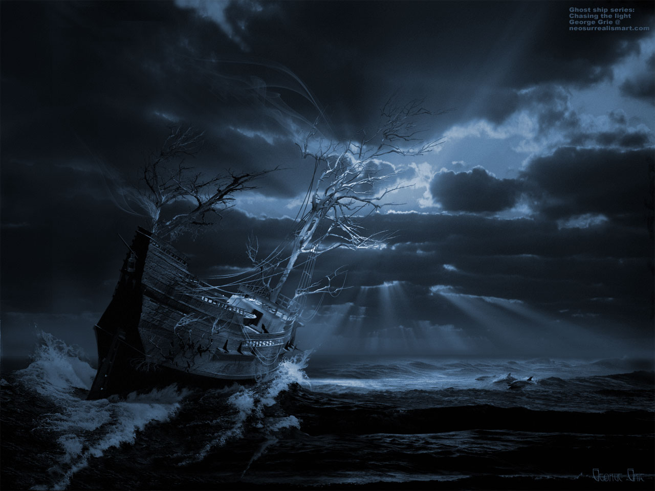 Ghost ship series: Chasing the light 3D wallpaper. Dark mystery apparition sailboat romantic Ghost ships phantom boat supernatural isolation, yacht mysterious Flying Dutchman spirit pirate vessel, dolphins work of art, shadow sunlight, surrealism solitude, ocean water sea sunset, clouds sunbeams.
