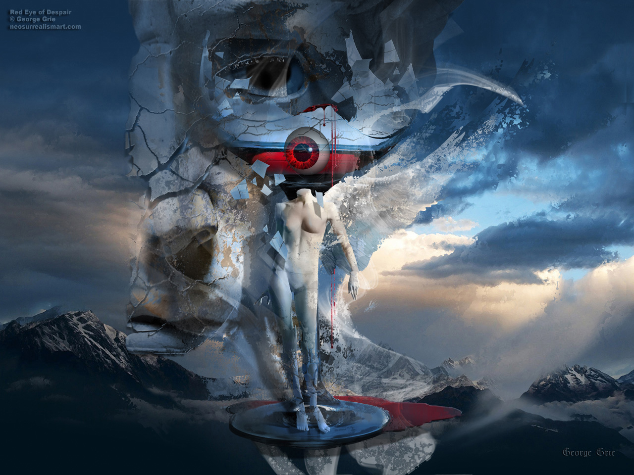 Angel, neo-surrealism, romanticism, artwork, face, sky, wallpaper, inspiration, mask,  surreal idea, blue, female, scene, mountain, digital, broken glass, gothic theme, cloud, wings, fantasy, fiction, red eye, shattered, red vine, stones, crushed, ominous, science, sculpture, figurine, cut, concept, dreaming, expression, floating, Greek, , surrealism, compilation, mysterious, person, portrait, romantic, symbol, angelic, disbelief, myth,  stained, mystical, retro, spiritual, soul, nightfall, digital, allegorical