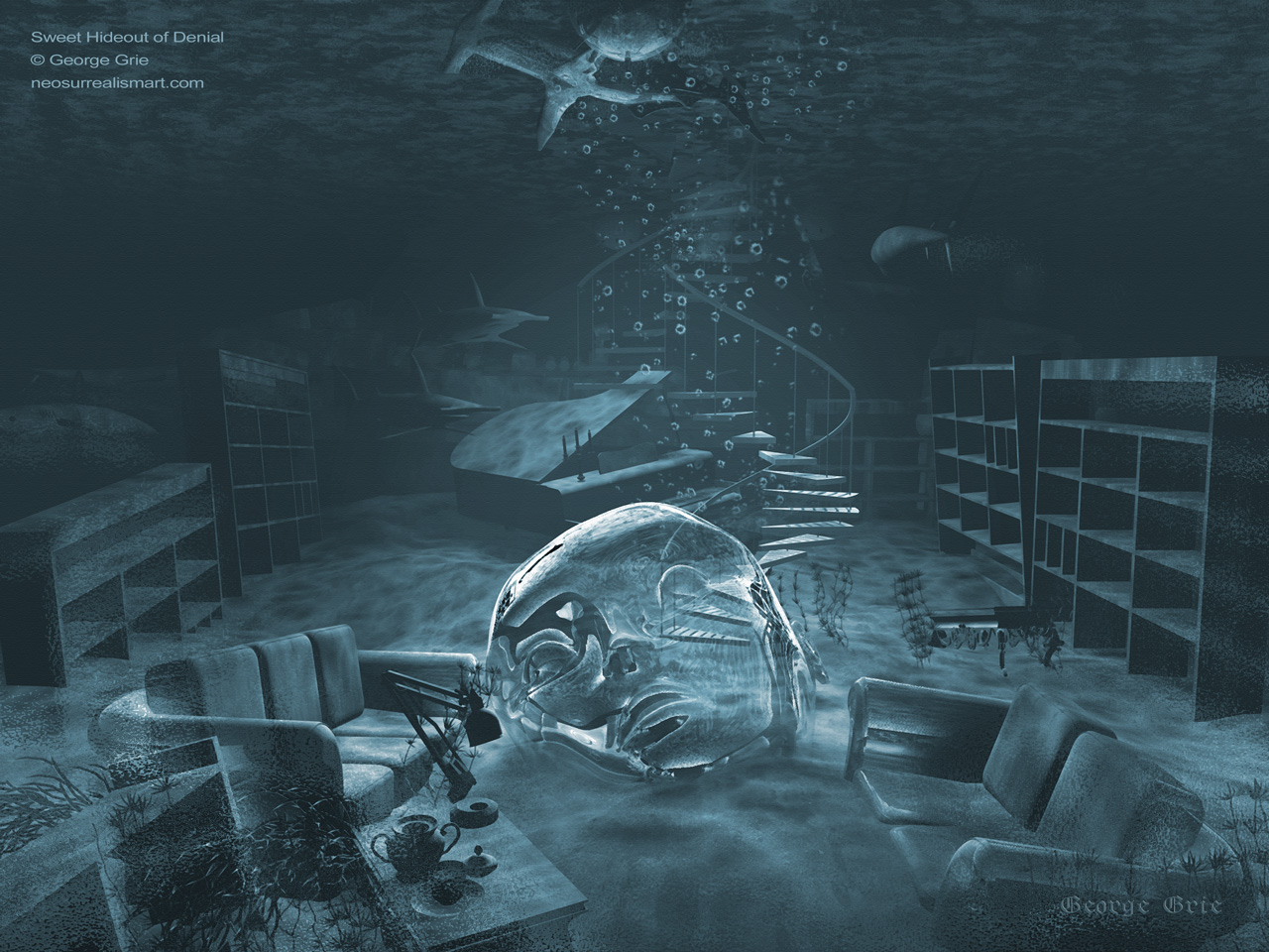 modern surrealism painting, contemporary surrealist graphic drawing, Artist certified signed limited edition archival Giclée prints. Keywords, Underwater landscape water, gloom room interior bookshelves, darkness dimness piano sharks glass face, dark mood atmosphere, state of denial, tease and denial, in denial of death. Illustration, Background, Ambient, Composition, Graphics, Art, Light Effect, Bright, Underwater, Glow, Illuminated, Illumination, Ray, Twinkling, Sunlight, Sunbeam, Bubble, Blue, Water, Ocean, Sea,  