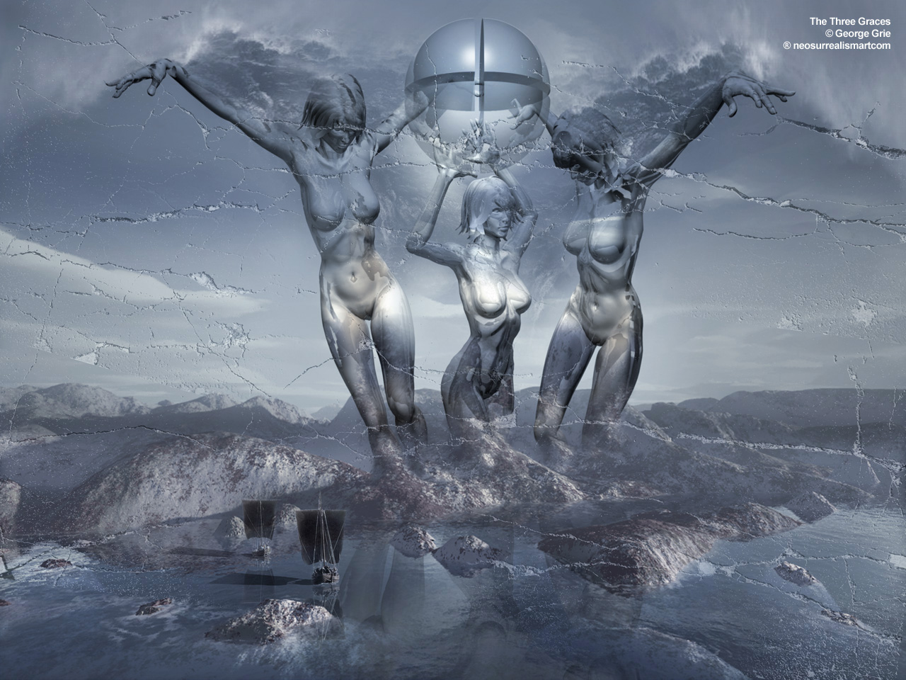 modern surrealism painting, contemporary surrealist graphic drawing, The Charities, figures, Greek mythology Graces goddesses charm, Roman Gratiae Aphrodite underworld Eleusinian Mysteries, beauty, nature, human creativity, fertility three, Three female figures entwined dance, female sea landscape blue mythology, feminine aquatic mountains navy folklore, Surreal motivational, Surrealist George Grie artwork, reproduction print original, official author inspirational poster, reflection water foothills fleet legends, wall cracks, giant disproportional 