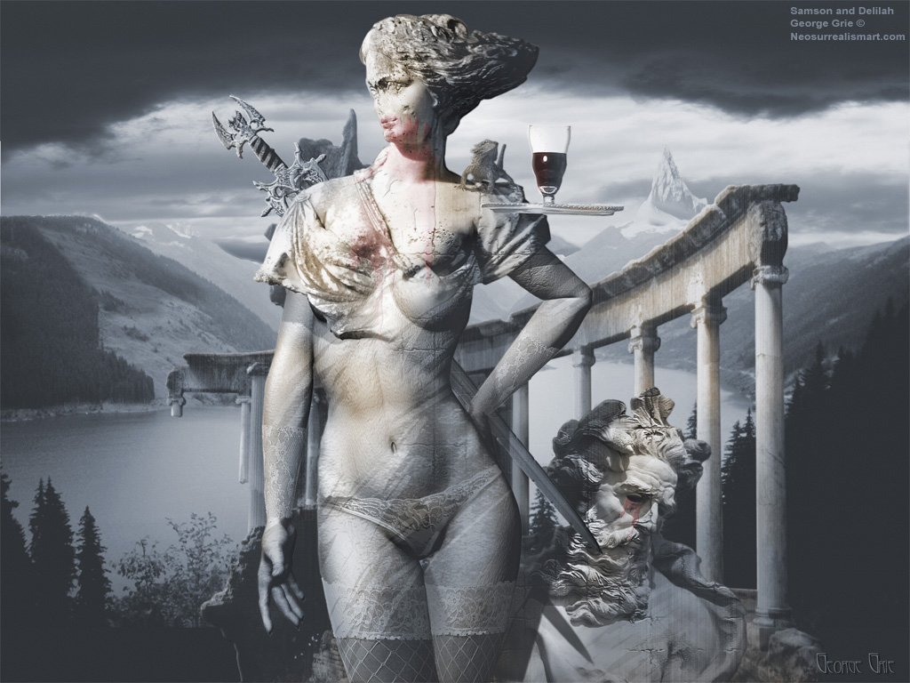 modern surrealism painting, contemporary surrealist graphic drawing, Bible Man woman deception antique sculpture landscape surreal biblical allegory, male female fatale dishonesty historic statue scenery surrealism metaphor, lady betrayal classic figure scene neosurrealist artist symbol, 2d 3d digital art photo-realism matte painting. 