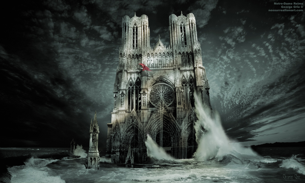 modern surrealism painting, contemporary surrealist graphic drawing, Reims, France, ornate, Dame, arches, Europe, French, windows, cathedral, landmark, Notre, entrance front, architecture, gothic, exterior, European Goth temple, landscape ocean sea wave crushing Paris, sunset scenery marine aquatic waves crush sundown surreal neo surrealism artist digital photo cathedral landmark exterior photograph church sight outdoor mystic glorious spiritual magnificent supernatural famous danger. 