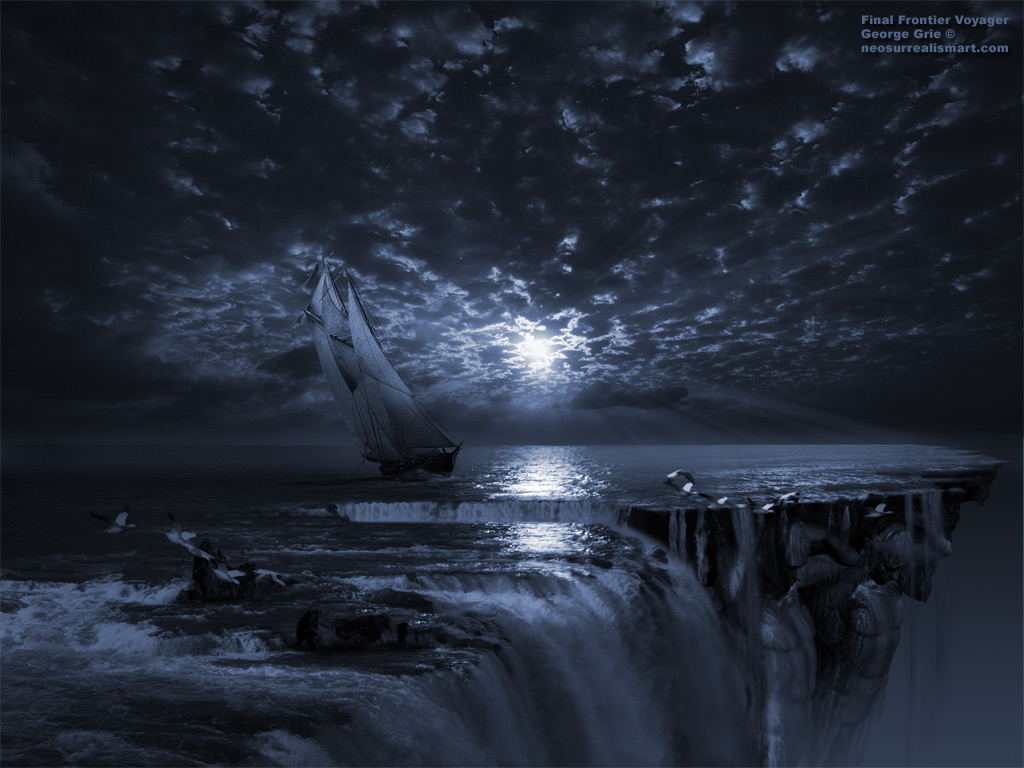The Flat Earth Society - Final Frontier Voyager 3D wallpaper. Keywords, high sea mist fog waterfall, cliff waterscape seascape, pirats flags, mystery suspense mystic mist romantic dream illusion, sky cloud night unknown sunset, reflection water horizon, sails ship.