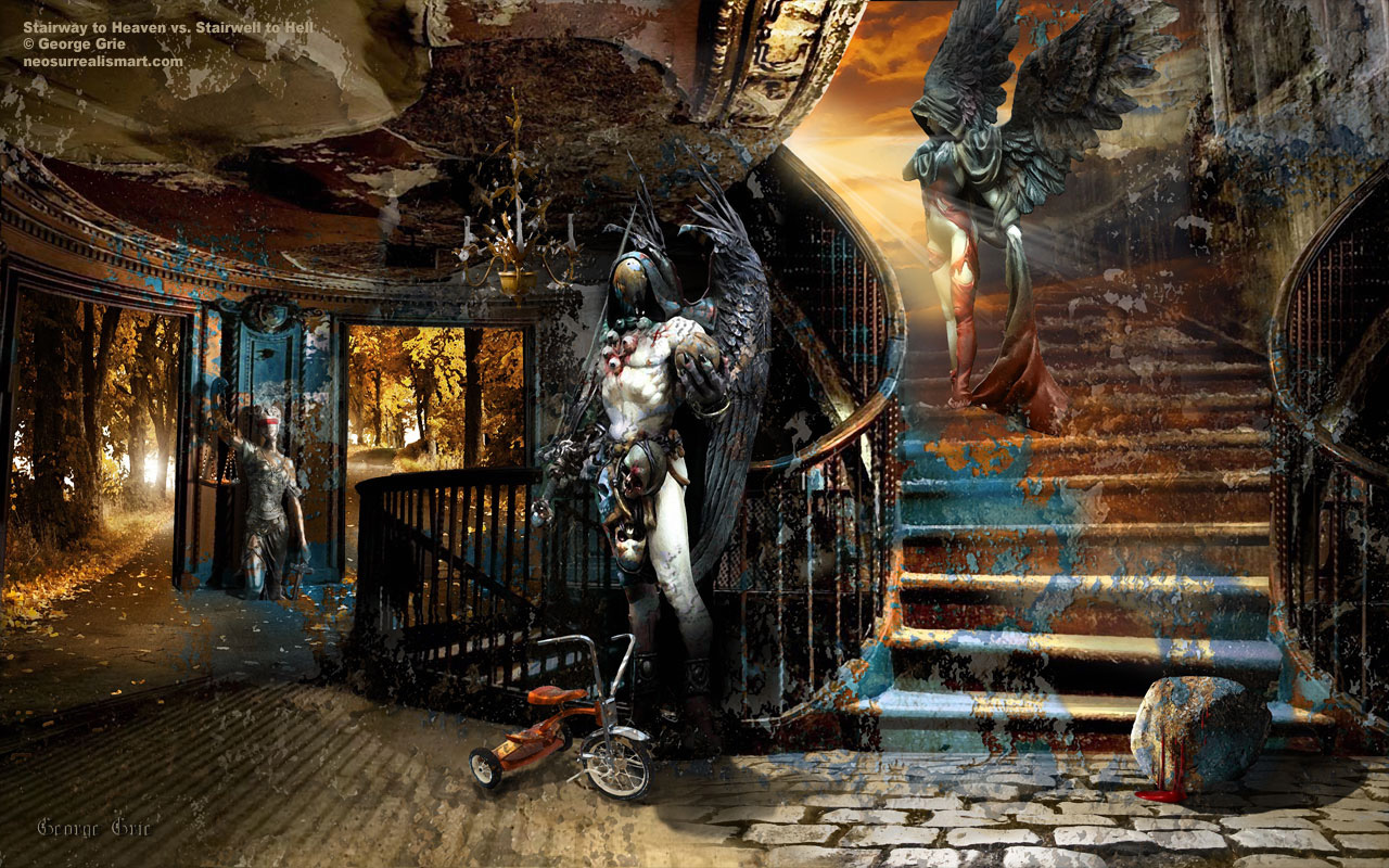 Stairway to Heaven vs. Stairwell to Hell, angel grim reaper femida, figure, architectural, derelict, dilapidated, religion, grunge, hall, hallway, heritage, history, house, medieval, illustration, interpretation, ruined, rundown, staircase interior, stairs, vestibule, grim, reaper, specter, human, devil, mystery, terrified, phantom, dramatic, monster, door, hell, horror, evil, ghost, art, surreal, danger, digital, heaven, bizarre, concept, Modern surrealism art prints posters wallpapers 3d
